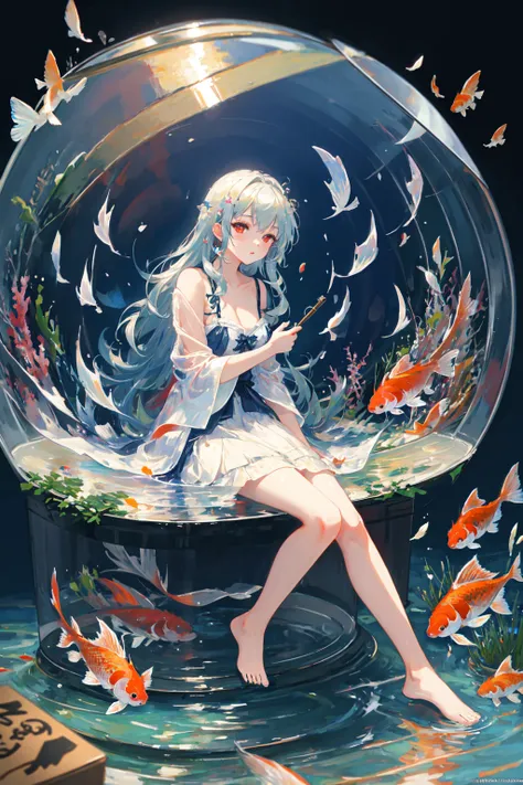 [(Transparent background:1.5)::5],(((masterpiece))),(((best quality))),(((extremely detailed))),illustration, 1girl,solo,mysterious,vivid color,shiny, underwater transparent sealed hemispherical glass dome, white hair,red eyes, full body,barefoot,long hair tranquil nature, koi,Underwater, Dome,close up,Dynamic actions,Lens perspective,(((Box composition))),sit cross-legged and lean against the bookshel,(arm + hand + 1thumb + 4finger),(Impressionism:1.4)