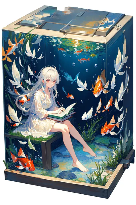 [(Transparent background:1.5)::5],(((masterpiece))),(((best quality))),(((extremely detailed))),illustration, 1girl,solo,mysterious,vivid color,shiny, underwater transparent sealed hemispherical glass dome, white hair,red eyes, full body,barefoot,long hair tranquil nature, koi,Underwater, Dome,close up,Dynamic actions,Lens perspective,(((Box composition))),sit cross-legged and lean against the bookshel,(arm + hand + 1thumb + 4finger),(Impressionism:1.4)