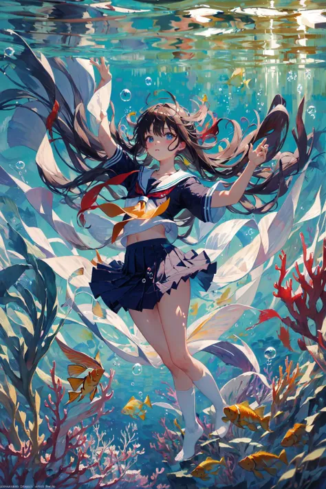 bubble, rating:safe, air_bubble, underwater, 1girl, fish, long_hair, submerged, school_uniform, serafuku, solo, water, skirt, neckerchief, short_sleeves,(Impressionism:1.4),