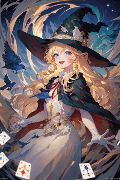 ((masterpiece:1.2, best quality)), 1girl, solo, (witch hat), blonde hair, long hair, dress, aurora, night, star (sky), gloves, sky, white dress, night sky, open mouth, starry sky, blue eyes, ribbon, very long hair, red dress, smile, hair ribbon, cape, blue hair, (bird), magic, casting spell, dark clouds, night, (impressionism:1.4), (tarot:1.3), alphonse mucha,