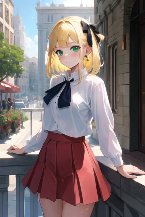 <lora:anisphia_wynn_palettia-v2:1>
(anisphia_wynn_palettia:1.1), pink skirt, short hair, blonde hair, green eyes,(black bow:0.8), balcony, (medieval cityscape:1.2)