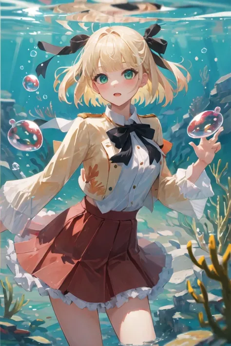 <lora:anisphia_wynn_palettia-v2:1>
(anisphia_wynn_palettia:1.1), pink skirt, short hair, blonde hair, green eyes,(black bow:0.8), bubble, air_bubble, underwater, fish, submerged, solo, water,(Impressionism:1.4),