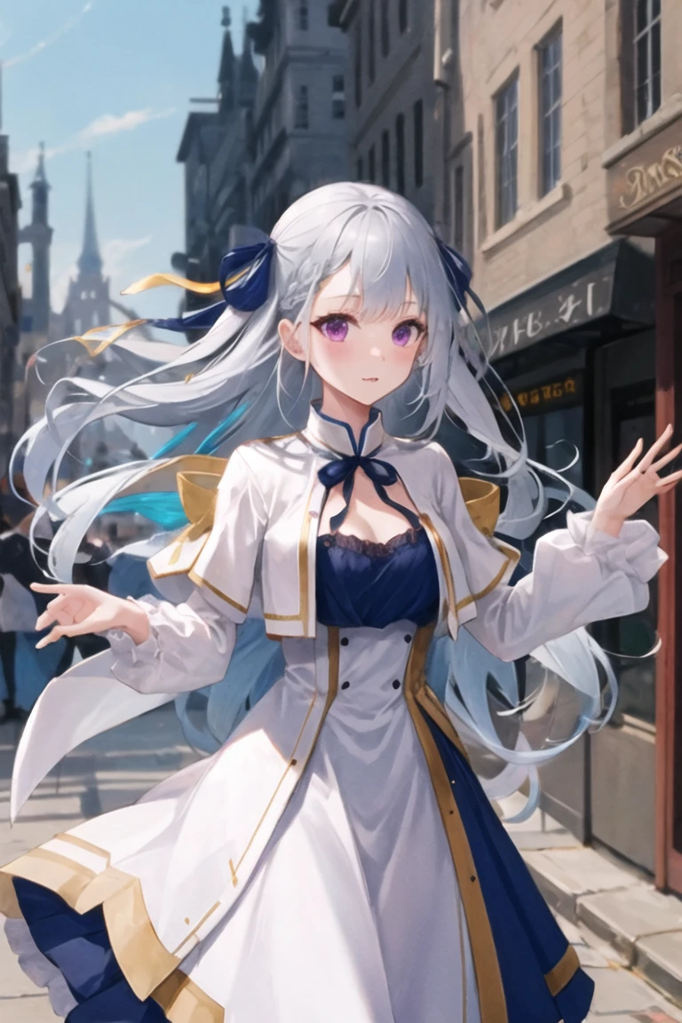 <lora:euphyllia_magenta:1>
euphyllia_magenta, braid, long silver hair, (medieval cityscape:1.2), blurry background