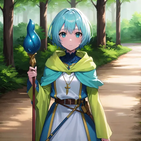 best quality, (masterpiece:1.2), highly detailed, forest, castle,
1girl, solo, <lora:chara_GATEJietai_LeleiLaLalena_v1:0.8>, lelei la lalena,
standing, looking at viewer,
blue eyes, blue hair, short hair, standard dress, necklace, robe, hood, blue belt, blue ribbon, holding staff