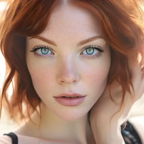 <lora:nicolelaliberte_xl_lora:1> nicolelaliberte (Masterful Digital Artwork:1. 3) of (Ultra detailed:1. 3), (raw photo ((ultra-detailed)), close-up fashion portrait of a lady, angelic face, ((ultra-detailed)), ((photo)), black tank top, pink eye shadows, ((ultra-detailed)), auburn hair color, blue eyes, soft focus