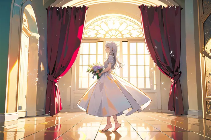 (best quality),(ultra detailed),(masterpiece)frisk (undertale),1girl, solo, dress, window, white dress, white hair, shadow, flower, bouquet, long hair, holding, holding bouquet, tree, short sleeves, standing, profile, wide shot, barefoot, indoors, purple flower