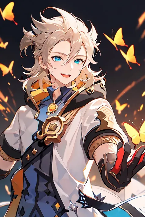 <lora:albedo:1> albedo (genshin impact), 1boy, male focus, gloves, solo, blue shirt, blue eyes, butterfly, shirt, open mouth, black gloves, smile, short sleeves, bangs