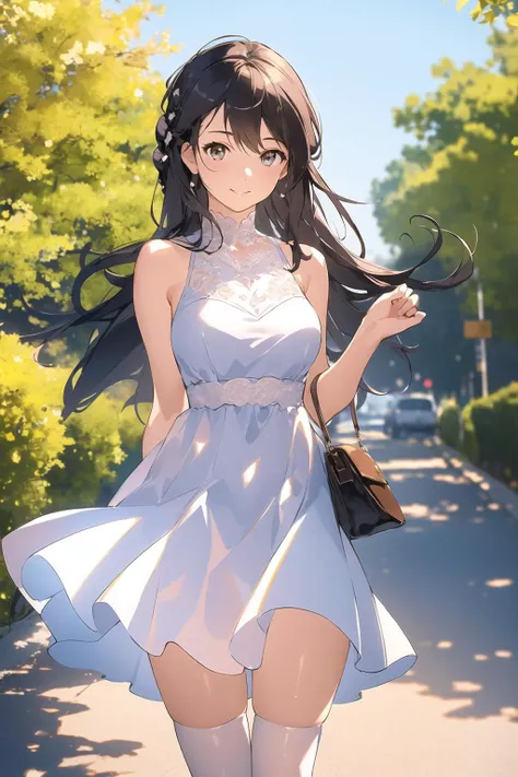 (masterpiece:1.2), best quality, high resolution, unity 8k wallpaper, (illustration:1.0), beautiful detailed eyes:, extremely detailed face, perfect lighting,photo_\(medium\), photorealistic, realistic,
1girl, solo, handbag, thighhighs, dress, bag, white dress, black hair, outdoors, tree, white thighhighs, night, looking at viewer, road, long hair, holding, sleeveless, standing, realistic, sleeveless dress, brown eyes