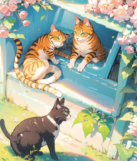 clpstyle,no humans,green eyes,cat,animal focus,leaf,blush,:3,animal,closed mouth,plant,foliage,outdoors,solo,looking at viewer,whiskers,sunlight,smile <lora: