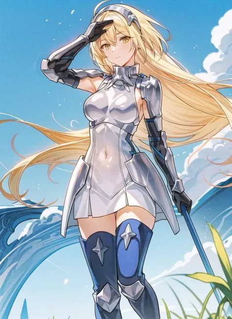 ais, 1girl, solo, blonde hair, armor, long hair, straight hair, thighhighs, boots, dress, yellow eyes, thigh boots, blue long boots, blue footwear, covered navel, breastplate, shoulder armor, gloves, white dress <lora:ais_v4:0.9> outdoor, sunny ((spread legs)) <lora:more_details:0.4>