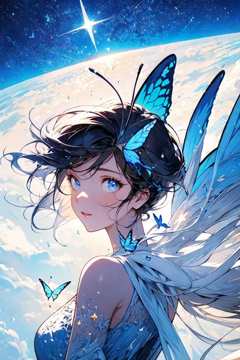 (best quality), (ultra detailed), (masterpiece), bug, no humans, star (sky), sparkle, butterfly, cloud, wings, sky, star (symbol), butterfly wings, moon, antennae, scenery, starry sky, planet, animal,, masterpiece, top quality, best quality,