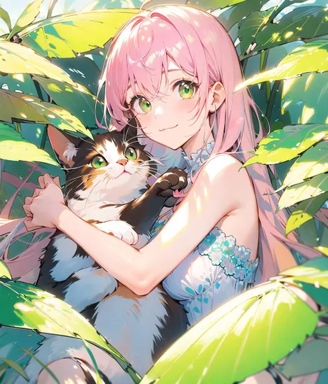 clpstyle,no humans,green eyes,cat,animal focus,leaf,blush,:3,animal,closed mouth,plant,foliage,outdoors,solo,looking at viewer,whiskers,sunlight,smile <lora: