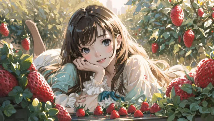 photo RAW,(masterpiece, cinematic quality, Pino Daeni concept art, Jeremy Mann, close-up, little girl, smile, joy, anime, in strawberry garden, ripe strawberries, sunlight, fun, dynamic light, cartoon style, digital painting, high quality, 8K, HDR, Ultra-HD, Black orange and teal_green colors),masterpiece, best quality, highly detailed, soft lighting, beautiful detailed, insanely intricate details, intricate details, perfect lighting, incredible detail, hypermaximalistic, natural balance color, 8k, ultra detailed, beautiful and aesthetic, extremely detailed, elegant, vivid colours, atmospheric
