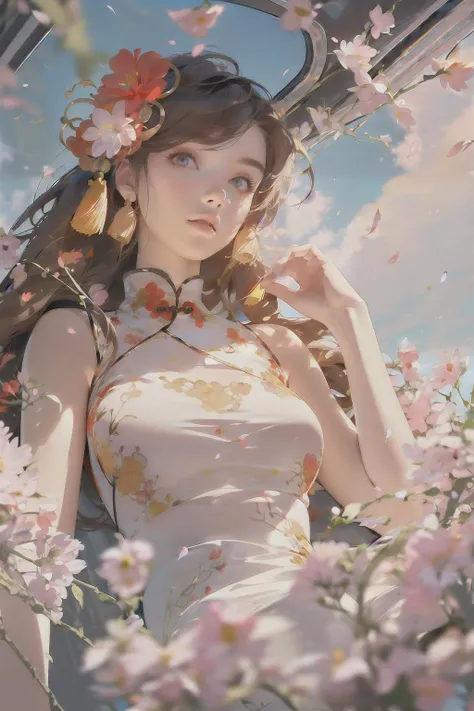 ((best quality)),((masterpiece)),((ultra-detailed)),(illustration),(detailed light),(an extremely delicate and beautiful),((1girl)),((solo)),(beautiful detailed eyes),depth of field,hanfu,dynamic pose,(((beautiful detailed chinese style architecture))),upper body,(((outdoors))),detailed chinese style tassel,hair flower,<lora:绪å¿-è±è½¦ flowers:0.7>,((red long upper shan:1.2)),