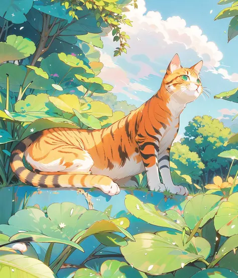 clpstyle,no humans,green eyes,cat,animal focus,leaf,blush,:3,animal,closed mouth,plant,foliage,outdoors,solo,looking at viewer,whiskers,sunlight,smile <lora: