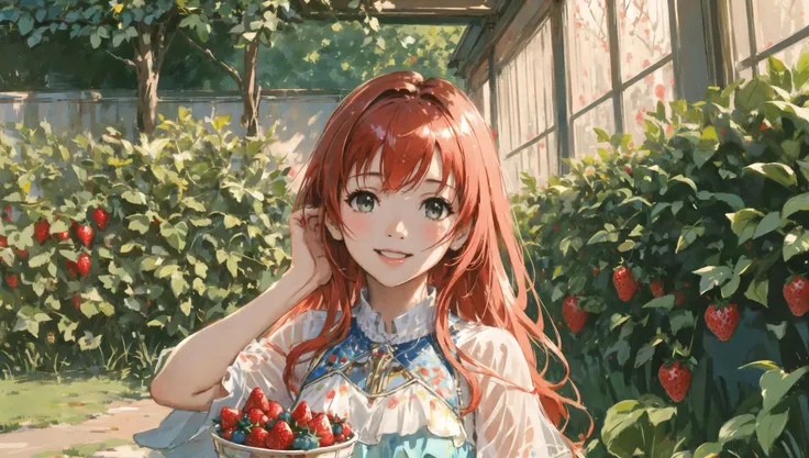 photo RAW,(masterpiece, cinematic quality, Pino Daeni concept art, Jeremy Mann, close-up, , smile, joy, anime, in strawberry garden, ripe strawberries, sunlight, fun, dynamic light, cartoon style, digital painting, high quality, 8K, HDR, Ultra-HD, Black orange and teal_green colors),masterpiece, best quality, highly detailed, soft lighting, beautiful detailed, insanely intricate details, intricate details, perfect lighting, incredible detail, hypermaximalistic, natural balance color, 8k, ultra detailed, beautiful and aesthetic, extremely detailed, elegant, vivid colours, atmospheric