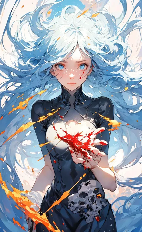 Graphic illustration,Masterpiece,extreme detail,cinematic lighting,straight-on,hell,lava,blood,from above,1girl,standing,own hands clasped,angry,open eye,glowing eyes,blood on clothes,white hair,very long hair,black long skirt,broken glass,detailed background,skull,skeleton,dynamic pose, motion blur,red color, <lora:octans-PYNOISE-LOHA:0.6>