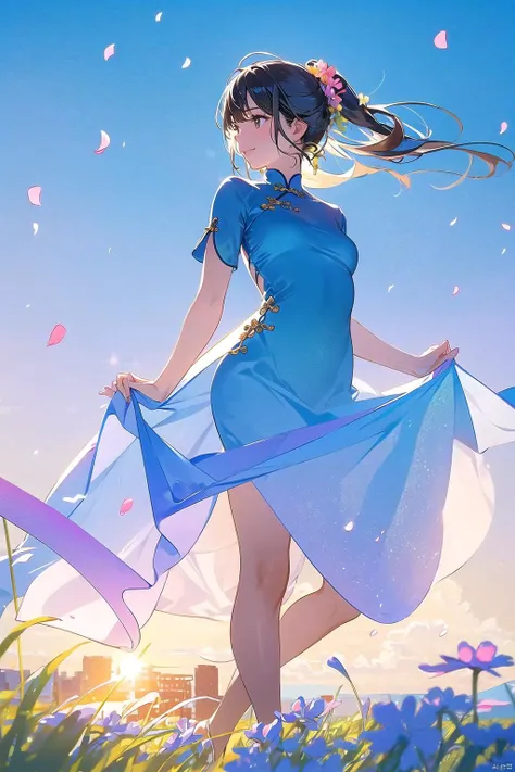 A young Chinese woman walks through a field of wildflowers, the vibrant colors of the blossoms contrasting with the soft green of the grass. The sun is high in the sky, casting a warm, golden light that highlights the delicate petals. She moves with a sense of wonder, her face a reflection of the beauty that surrounds her. The scene is a celebration of nature's bounty, a moment of joy in the midst of a colorful landscape.