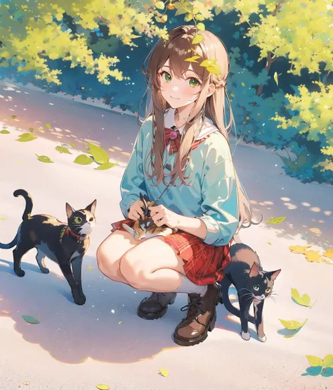 clpstyle,no humans,green eyes,cat,animal focus,leaf,blush,:3,animal,closed mouth,plant,foliage,outdoors,solo,looking at viewer,whiskers,sunlight,smile <lora: