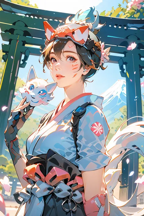 1girl,kiriko \(overwatch\),upper body,(holding a mask),facial mark,fox,machop,
torii,mount fuji,cherry blossom tree,sunny day,perfect light,cinematic shot,
masterpiece,best quality,ultra realistic,RAW photo,detail skin,8k uhd,dslr,
<lora:kriko:1>,<lora:DANWGFWL-01:0.8>,