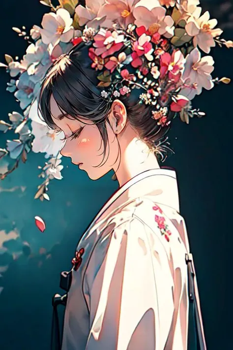 masterpiece,best quality, illustration,beautiful detailed glow, 1 girl, detailed face, <lora:hanbok_w_v10:1>, hanbok, <lora:Ink scenery:1>, scenery, ink, Various flowers,