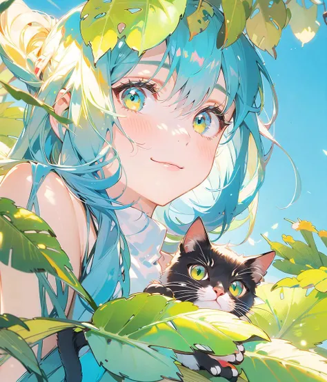 clpstyle,no humans,green eyes,cat,animal focus,leaf,blush,:3,animal,closed mouth,plant,foliage,outdoors,solo,looking at viewer,whiskers,sunlight,smile <lora: