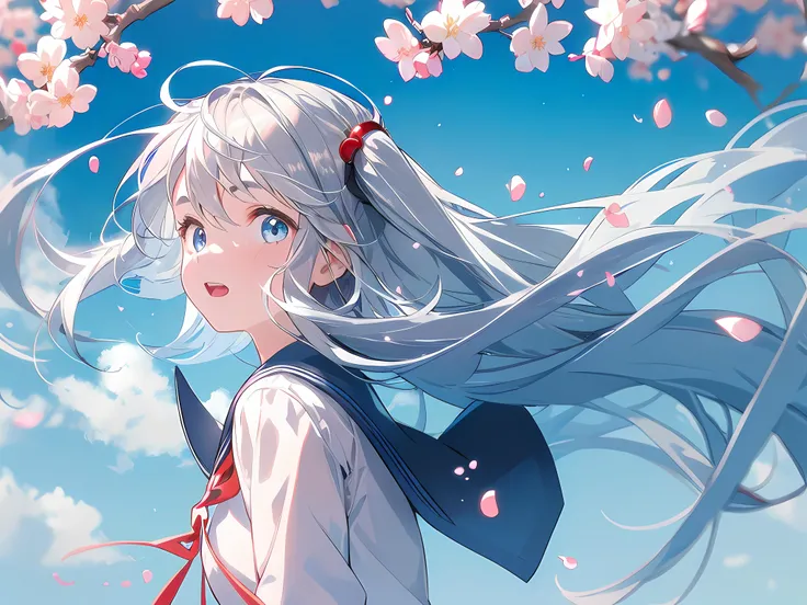 (Under full cherry trees, cherry blossoms, wind blew away the petals.). BREAK side view, portrait, from below. BREAK (1 ). BREAK She has ((silver long hair:1.4)), twin ponytails, ((ahoge)), wide blue eyes, ((short eyebrows)), flat envy, ((white and blue school uniform)), white thighhighs. BREAK she is cute, friendly, gentle , soft. BREAK The wind in hair, hair flip, floating hair.