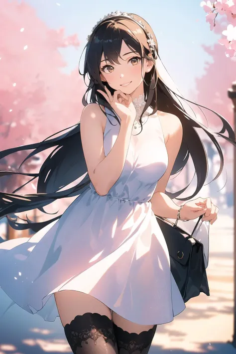 (masterpiece:1.2), best quality, high resolution, unity 8k wallpaper, (illustration:1.0), beautiful detailed eyes:, extremely detailed face, perfect lighting,photo_\(medium\), photorealistic, realistic,
1girl, solo, handbag, thighhighs, dress, bag, white dress, black hair, outdoors, tree, white thighhighs, night, looking at viewer, road, long hair, holding, sleeveless, standing, realistic, sleeveless dress, brown eyes