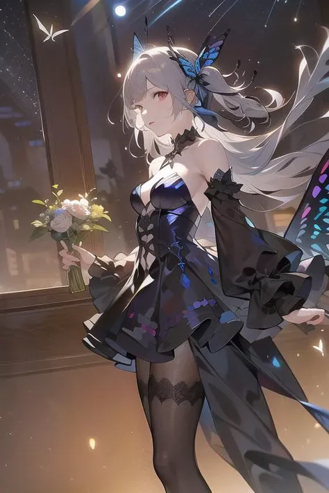 1girl, pale skin, medium breasts, butterfly wings, silver hair, gothic, meteor shower
