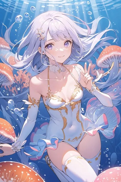 masterpiece, High resolution, 8K, anime woman, Delicate and detailed writing 、Detailed digital illustration、a very beautiful woman、Emilia re:zero, purple eyes, Emilia, crown braid, x hair ornament, flower hair ornament, white hair, very long hair, medium breasts, Eyes are double, Large、High image quality, High quality、Detailed background、The inside of the eye shines like a diamond、Light purple hair、Gradient pupil、(((2 arms、4 fingers, 1 thumb)))、Detailed female face、Very beautiful and cute woman、、Detailed background、masterpiece、Soft Focus , Bright gradient watercolor , Lens Flare , (((Glitter))) , Glow , Dreamy , Light Purple Ribbon、(((Very Beautiful Light Purple Rose Hair Accessories)))、Big smile、(((mermaids)))、(((Little Mermaid)))、underwater background、Splash、Filled with fish in the water、(((White Seashell Bikini)))