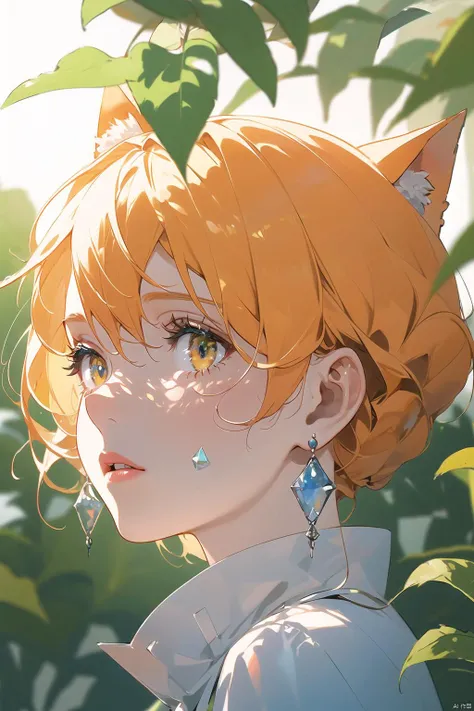 Street documentary photography, with unique light and shadow lines, the foreground of the picture is obscured by blurred leaves, and an orange cat head protrudes from the darkness. Close ups show light passing through the gaps between the leaves onto the cat's face (mottled light and shadow: 1.2), with a retro film texture, grainy texture, dark green and orange colors, realistic style