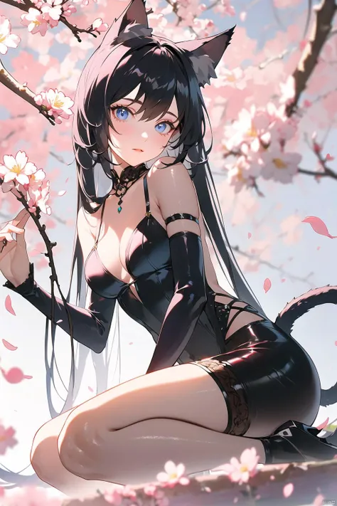 A catgirl sits under a cherry blossom tree,  her hair as deep as the night sky,  her cat ears gently swaying,  and her tail flicking behind her. Her eyes sparkle with curiosity,  as if filled with a desire to explore the world.