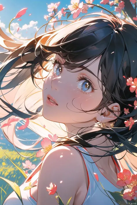 A young Chinese woman walks through a field of wildflowers,  the vibrant colors of the blossoms contrasting with the soft green of the grass. The sun is high in the sky,  casting a warm,  golden light that highlights the delicate petals. She moves with a sense of wonder,  her face a reflection of the beauty that surrounds her. The scene is a celebration of nature's bounty,  a moment of joy in the midst of a colorful landscape.