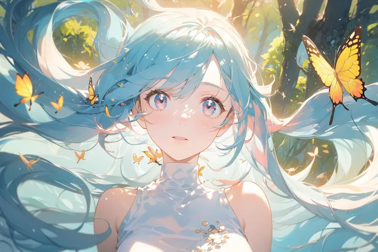 1girl,alone,single,solo,only one,one character,(((Personage as the main perspective))),(((character in the middle))),((masterpiece)),((best quality)),(ultra-detailed),(illustration),clear-cut margin,alphonse mucha,extremely detailed CG unity 8k wallpaper,((an extremely delicate and beautiful)),(dynamic angle),An enchanted forest at night illuminated by glowing mushrooms,((Tyndall effect)),(Fluorescent mushroom forests background),1girl,(arms behind back),(beautiful detailed eyes),cute pink eyes,golden pupil,detailed face,upper body,white dress,messy floating pink hair,disheveled hair,focus,(beautiful water),river,flying butterfly,sunlight,shine,chiaroscuro,ray_tracing,(painting),[[[[[[8 k artistic photography]]]]]],