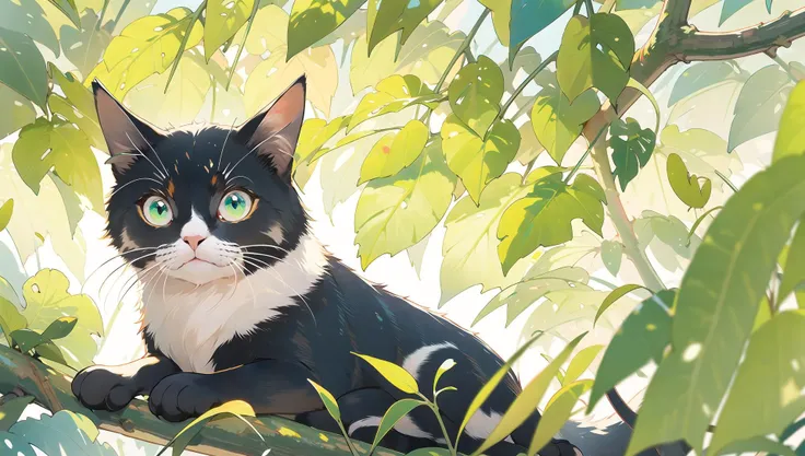 no human,green eyes,cat,animal focus,leaf,blush,:3,animal,closed mouth,plant,foliage,outdoors,solo,looking at viewer,whiskers,sunlight,smile