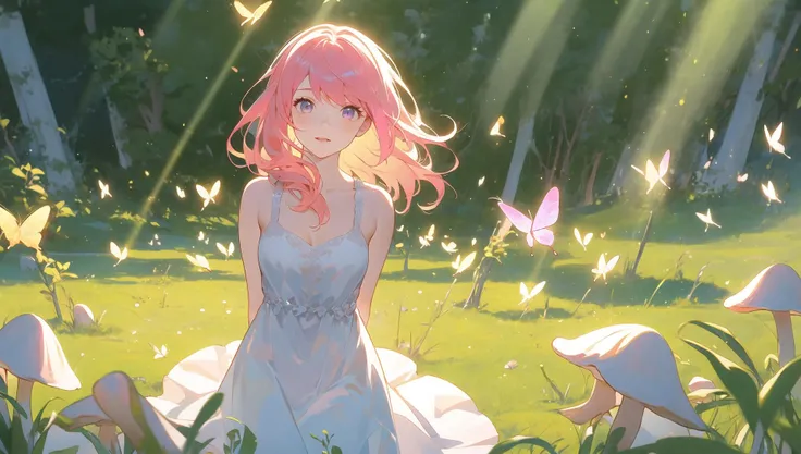 1girl,alone,single,solo,only one,one character,(((Personage as the main perspective))),(((character in the middle))),((masterpiece)),((best quality)),(ultra-detailed),(illustration),clear-cut margin,alphonse mucha,extremely detailed CG unity 8k wallpaper,((an extremely delicate and beautiful)),(dynamic angle),An enchanted forest at night illuminated by glowing mushrooms,((Tyndall effect)),(Fluorescent mushroom forests background),1girl,(arms behind back),(beautiful detailed eyes),cute pink eyes,golden pupil,detailed face,upper body,white dress,messy floating pink hair,disheveled hair,focus,(beautiful water),river,flying butterfly,sunlight,shine,chiaroscuro,ray_tracing,(painting),[[[[[[8 k artistic photography]]]]]],