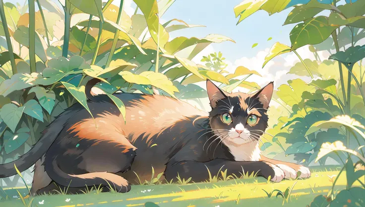 no human,green eyes,cat,animal focus,leaf,blush,:3,animal,closed mouth,plant,foliage,outdoors,solo,looking at viewer,whiskers,sunlight,smile