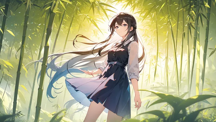 masterpiece,best quality,1girl,adventure,bamboo forest background,scenery,