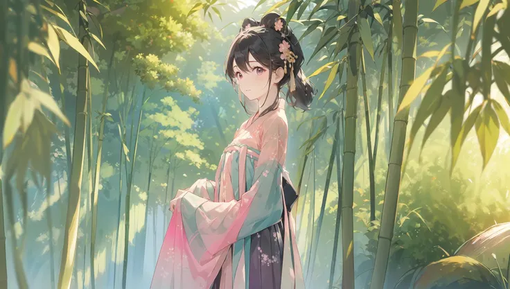 masterpiece,best quality,1girl,adventure,bamboo forest background,scenery, hanfu, tang style outfits,<lora:hanfuTang_v35:0.6>, pink upper shan, multicolour chest po skirt, light green waistband, pink pibo