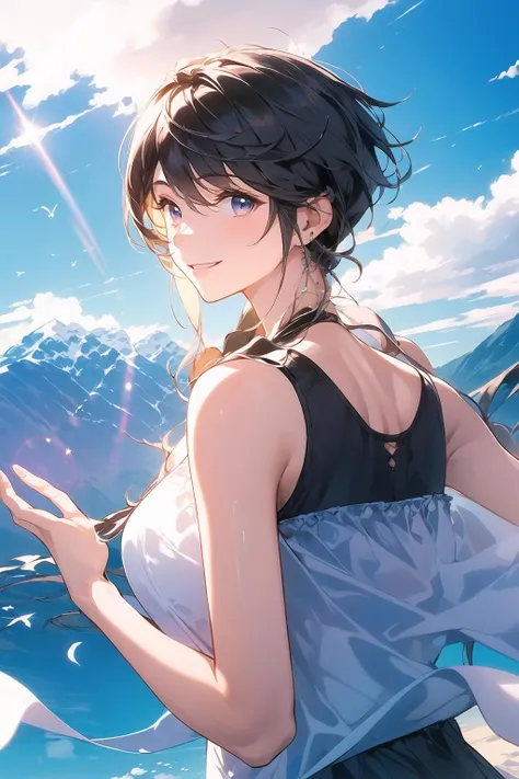 best quality, masterpiece,Dark hair, dark eyes, upper body, sun flare, outdoors, mountain, valley, sky. clouds, smiling,, <lora:more_details:0.3>, <lora:GoodHands-beta2:1>
