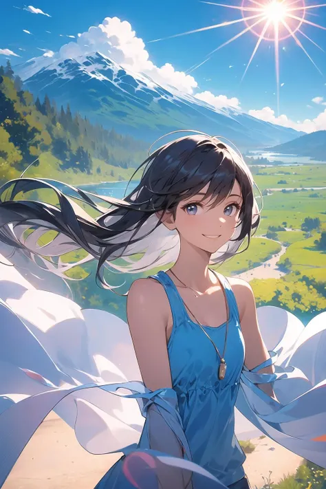 best quality, masterpiece,Dark hair, dark eyes, upper body, sun flare, outdoors, mountain, valley, sky. clouds, smiling,, <lora:more_details:0.3>, <lora:GoodHands-beta2:1>