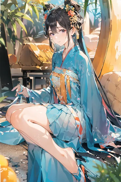 best quality,masterpiece,rich details,in the bamboo forest,1girl,teen,glamor,large breasts,black eyes,closed  mouth,multicolored hair,long hair,straight hair,swept bangs,hanfu,tang style outfits,<lora:hanfuTang_v35:0.7>,cyan blue upper shan,orange long upper shan,red chest po skirt,multicolour chest pleated skirt,red waistband,purple pibo,