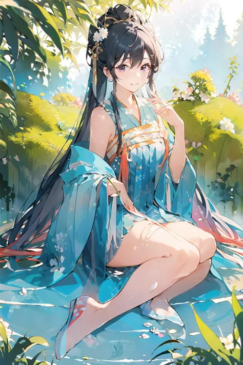 best quality,masterpiece,rich details,in the bamboo forest,1girl,teen,glamor,large breasts,black eyes,closed  mouth,multicolored hair,long hair,straight hair,swept bangs,hanfu,tang style outfits,<lora:hanfuTang_v35:0.7>,cyan blue upper shan,orange long upper shan,red chest po skirt,multicolour chest pleated skirt,red waistband,purple pibo,