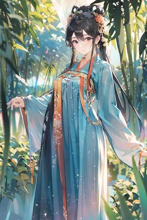 best quality,masterpiece,rich details,in the bamboo forest,1girl,teen,glamor,large breasts,black eyes,closed mouth,multicolored hair,long hair,straight hair,swept bangs,hanfu,tang style outfits,<lora:hanfuTang_v35:0.7>,cyan blue upper shan,orange long upper shan,red chest po skirt,multicolour chest pleated skirt,red waistband,purple pibo,