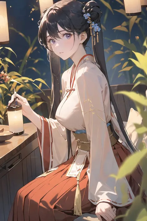 masterpiece, best quality, 8k,raw,rtx on,1girl, adult, pale skin, model, large breasts, straight hair, twintails, sitting, shushing, look at viewer, hanfu, song style outfits,<lora:hanfuSong_v35:0.5>, purple short shan, red long shan, blue pleated skirt, red songmo, in autumn, sunset, bamboo forest, sharp focus, dynamic angle, available light