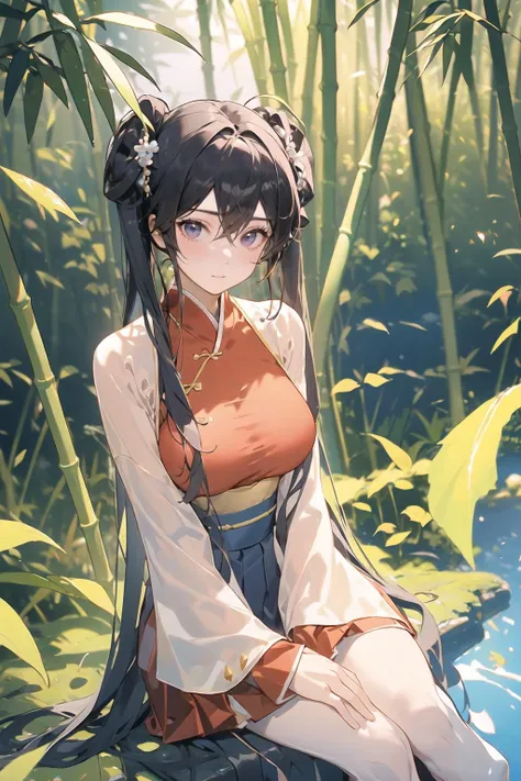 masterpiece, best quality, 8k,raw,rtx on,1girl,  adult, pale skin, model, large breasts, straight hair, twintails, sitting, shushing, look  at  viewer, hanfu, song style outfits,<lora:hanfuSong_v35:0.5>, purple short shan, red long shan, blue pleated skirt, red songmo, in  autumn, sunset, bamboo  forest, sharp focus, dynamic angle, available  light