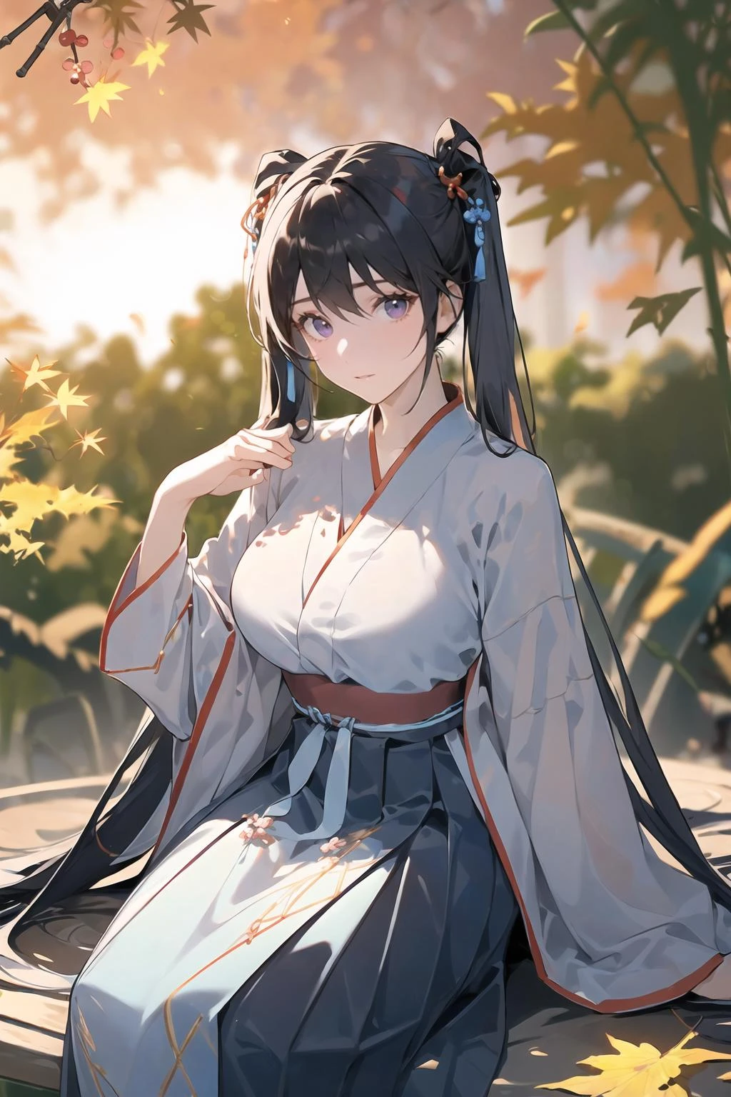 masterpiece, best quality, 8k,raw,rtx on,1girl, adult, pale skin, model, large breasts, straight hair, twintails, sitting, shushing, look at viewer, hanfu, song style outfits,<lora:hanfuSong_v35:0.5>, purple short shan, red long shan, blue pleated skirt, red songmo, in autumn, sunset, bamboo forest, sharp focus, dynamic angle, available light