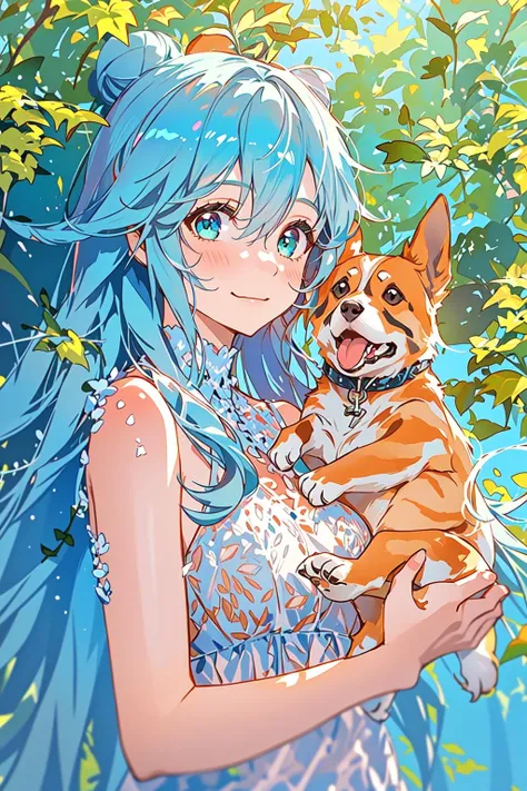 clpstyle,(blue sky:1.1),1girl, green eyes,corgi,dog,animal focus,between eyes, aqua hair, multicolored eyes, holding animal, hair bun,sleeveless,leaf,blush,:3,animal,plant,foliage,outdoors,solo,looking at viewer,(sunlight:1.2),(smile:1.3),leaf, bangs, day, long hair, upper body, closed mouth, blue hair, holding, bare shoulders, plant, hair
