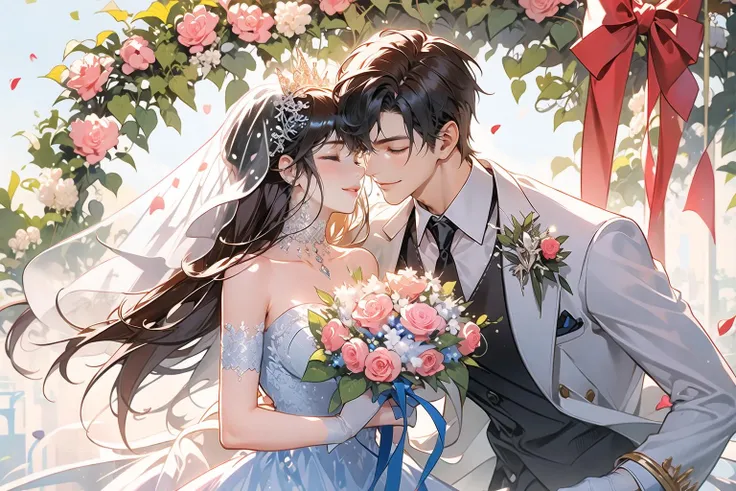 1girl, 1boy, dress, brown hair, wedding dress, jacket, hetero, necktie, couple, smile, strapless dress, closed eyes, pants, strapless, veil, flower, long hair, holding, jewelry, gloves, shirt, necklace, bouquet, white pants, holding bouquet, white dress, blue eyes, white shirt, open jacket, holding hands, elbow gloves, white gloves, white jacket, pink necktie, bridal veil, white background, wedding, husband and wife, long sleeves, long dress, pink flower, floating hair, short hair, standing, open clothes, collarbone, sleeveless <lora:hunli:0.6>