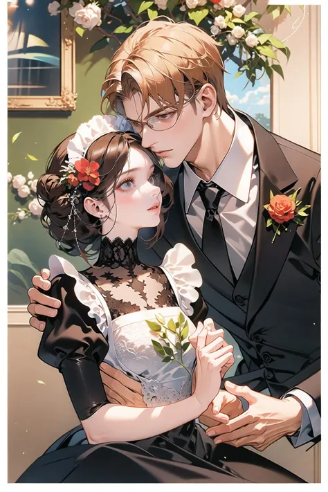 (masterpiece:1.2),(masterpiece, top quality, best quality)
1 girl, 1 boy, 2 people, housekeeper, maid, uniform, suit, maid dress, lace, flowers,
<lora:hunli:0.5>